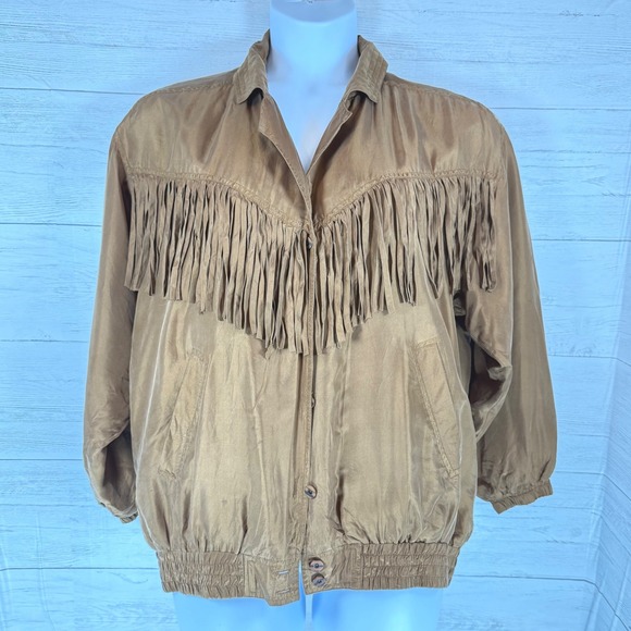 VTG 100% silk EVR Large Western Fringed Jacket Brown boho cowgirl y2k indie slea - Picture 2 of 9
